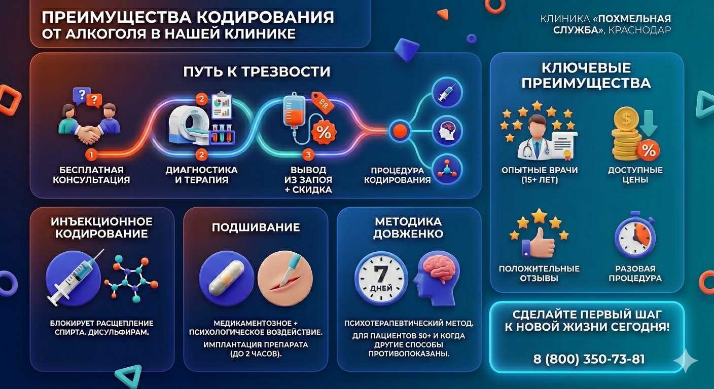 Инфографика о методах кодирования от алкоголя в Змеиногорске: инъекции, подшивание, метод Довженко. Преимущества клиники и этапы лечения.