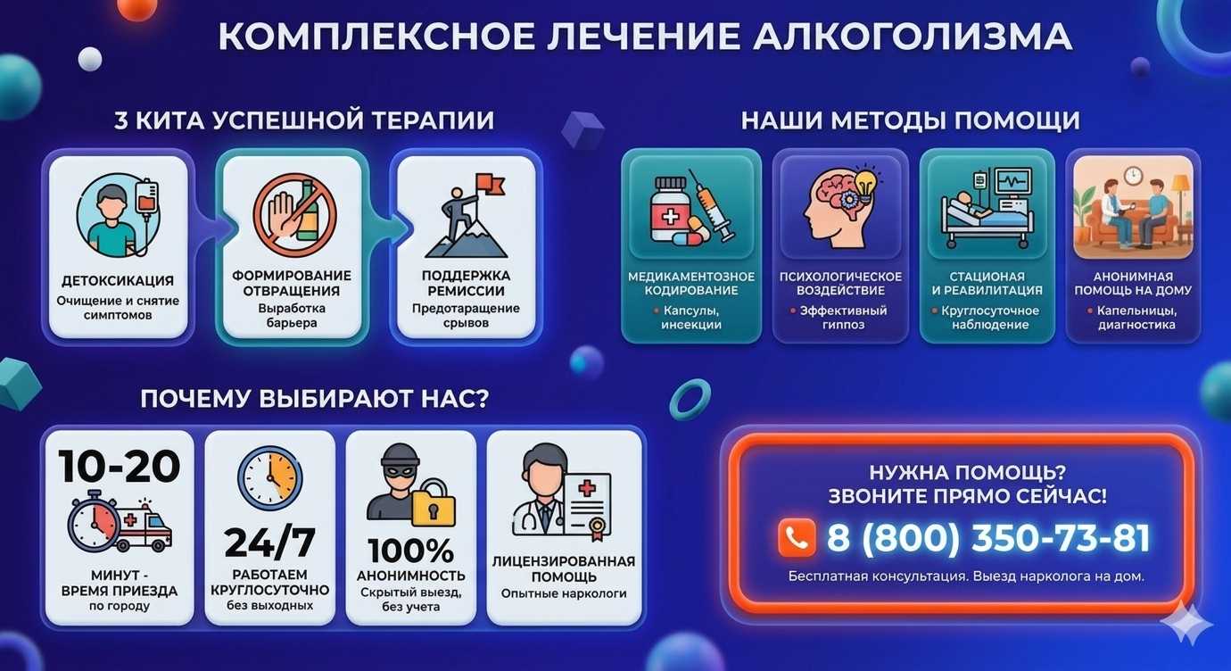Инфографика о методах лечения алкоголизма в Змеиногорске: детоксикация, кодирование и анонимная помощь на дому от клиники Похмельная служба.