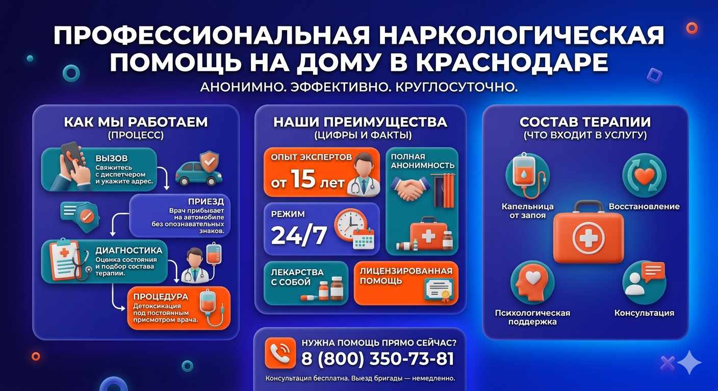 Инфографика о принципах лечения алкоголизма на дому в Змеиногорске: этапы вызова нарколога, преимущества анонимной детоксикации и состав медицинской помощи.
